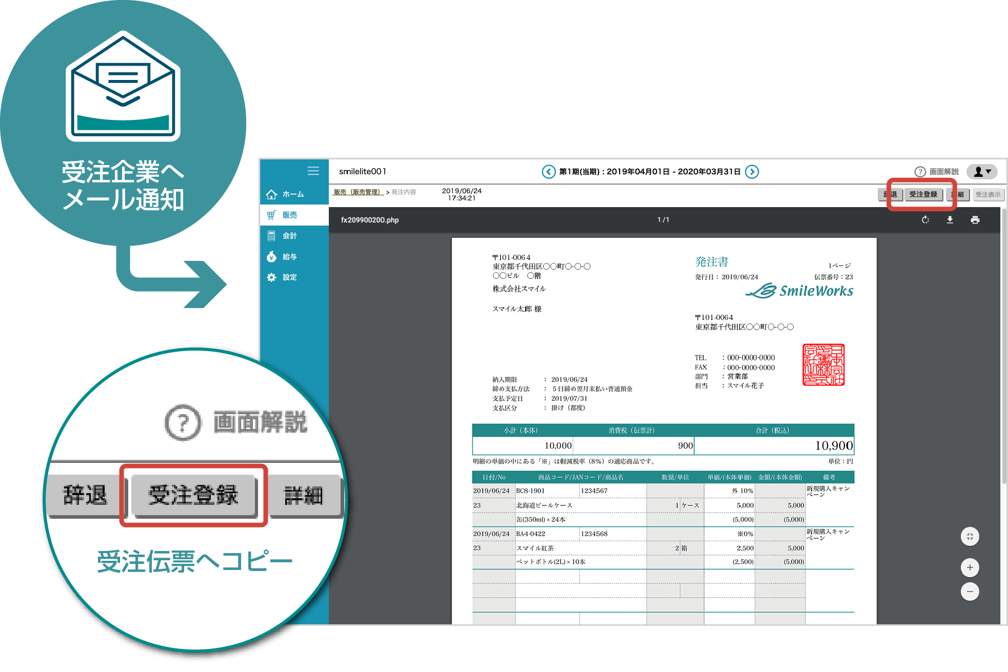 クラウドERPシステム「スマイルワークス」発注確認画面